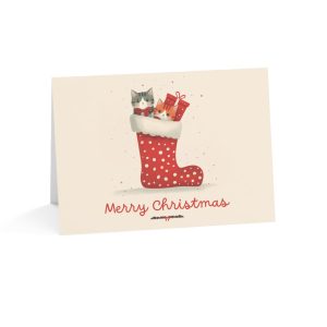 Adorable Christmas Greeting Card with Cats in a Festive Stocking