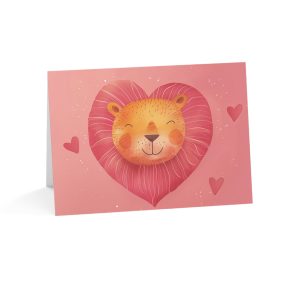 Eco-friendly greeting card featuring a heart-shaped lion design with pink hues