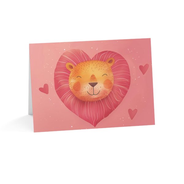 Eco-friendly greeting card featuring a heart-shaped lion design with pink hues