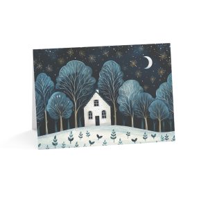 Eco-Friendly Greeting Card with a Snowy Cottage and Starlit Forest