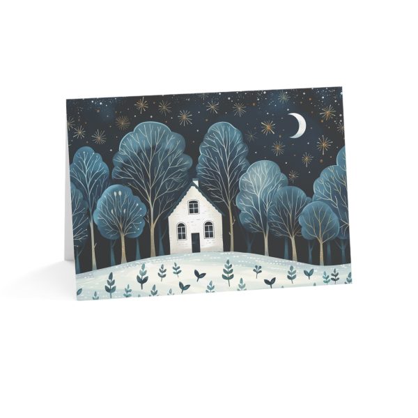 Eco-Friendly Greeting Card with a Snowy Cottage and Starlit Forest