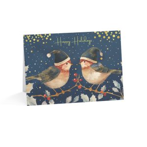 Eco-Friendly Holiday Greeting Card with Charming Robins and Gold Accents