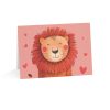 "Adorable lion greeting card with hearts on a pink background
