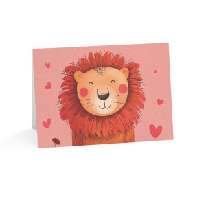 "Adorable lion greeting card with hearts on a pink background