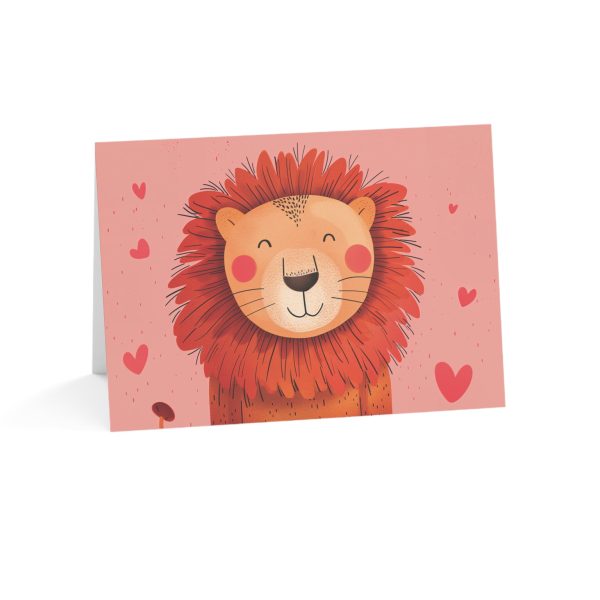 "Adorable lion greeting card with hearts on a pink background