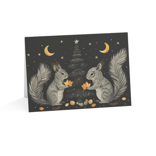 Elegant Holiday Greeting Card with Squirrels Under a Moonlit Sky