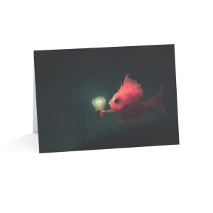 Pink anglerfish holding a glowing light bulb underwater illustration.