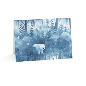 Illustration of a white bear in a frosty, snow-covered woodland.