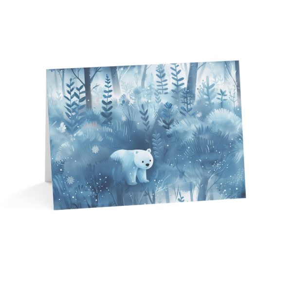 Illustration of a white bear in a frosty, snow-covered woodland.