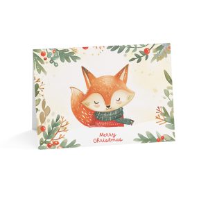 Eco-friendly Christmas greeting card featuring a whimsical fox in a festive setting