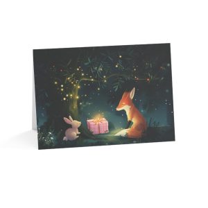 Eco-Friendly Holiday Greeting Card Featuring a Fox, Bunny, and Glowing Gift