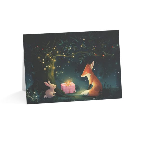 Eco-Friendly Holiday Greeting Card Featuring a Fox, Bunny, and Glowing Gift