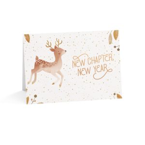 Graceful deer-themed New Year greeting card with golden accents