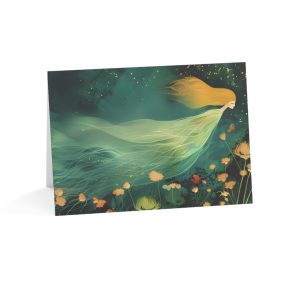 Ethereal figure floating through a glowing meadow of golden blooms.