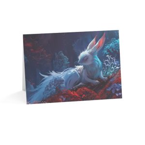 Ethereal fox resting in a glowing twilight forest with vibrant foliage.