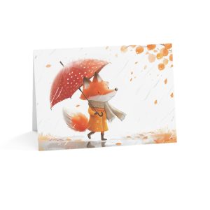 Cute Fox with Umbrella Walking in the Rain - Eco-Friendly Greeting Card